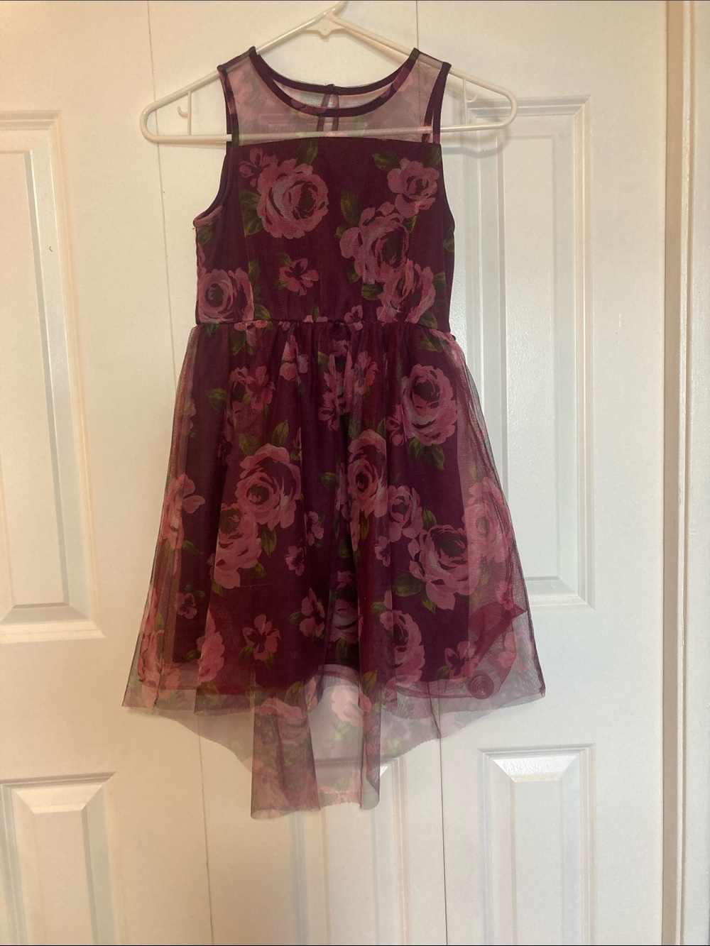 George Burgundy Floral Mesh Party Dress with Pink Roses